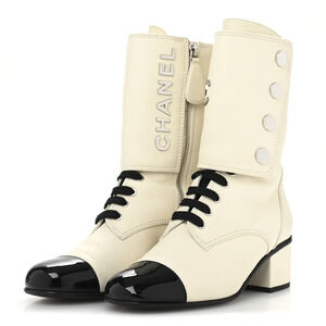 Chanel 19B Calfskin Patent Cap Toe CC Lace Up Combat Boots Cream/Black EU 37.5